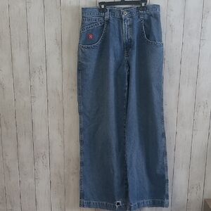 Vintage JNCO Wide-Leg Blue Denim Jeans With Skull Flame Patch 32x32